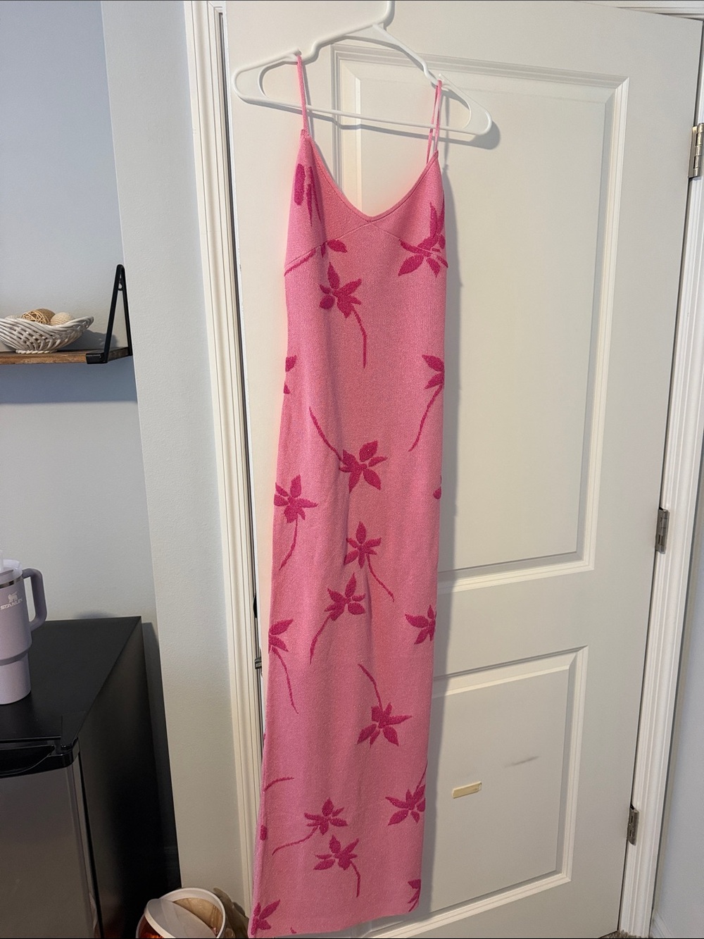 White Fox Boutique Pink Floral Slip Maxi Dress with Fuchsia Motif